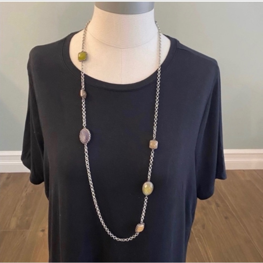 LOFT necklace - silver chain with green & purple stones